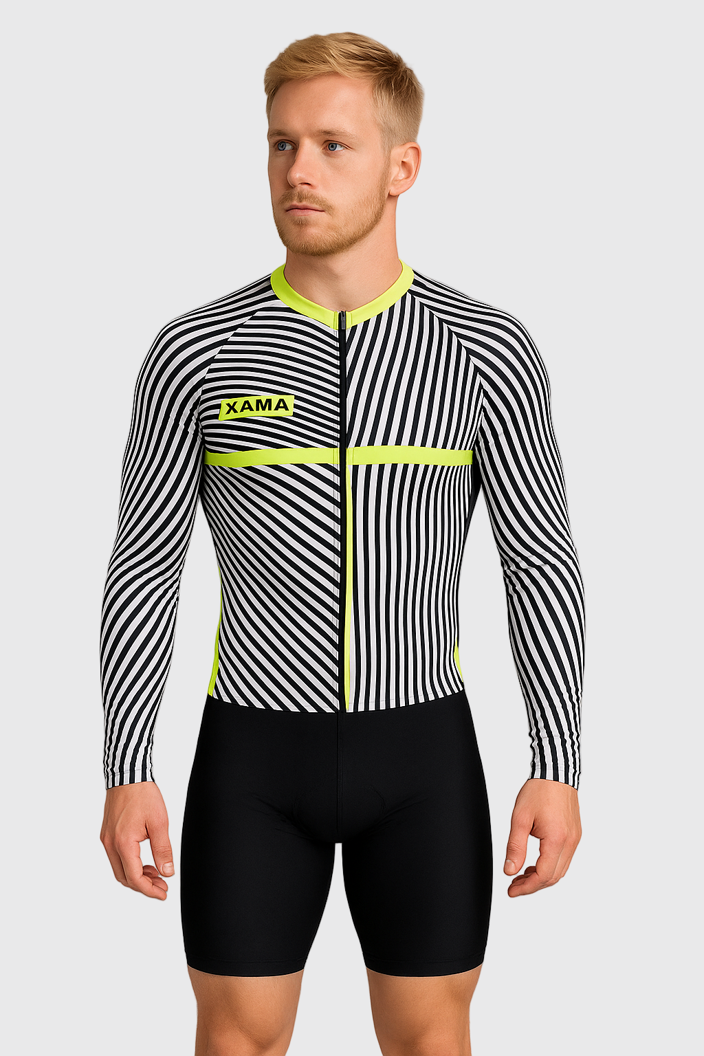 Man wearing a black and white striped cycling outfit with XAMA branding on a gray background